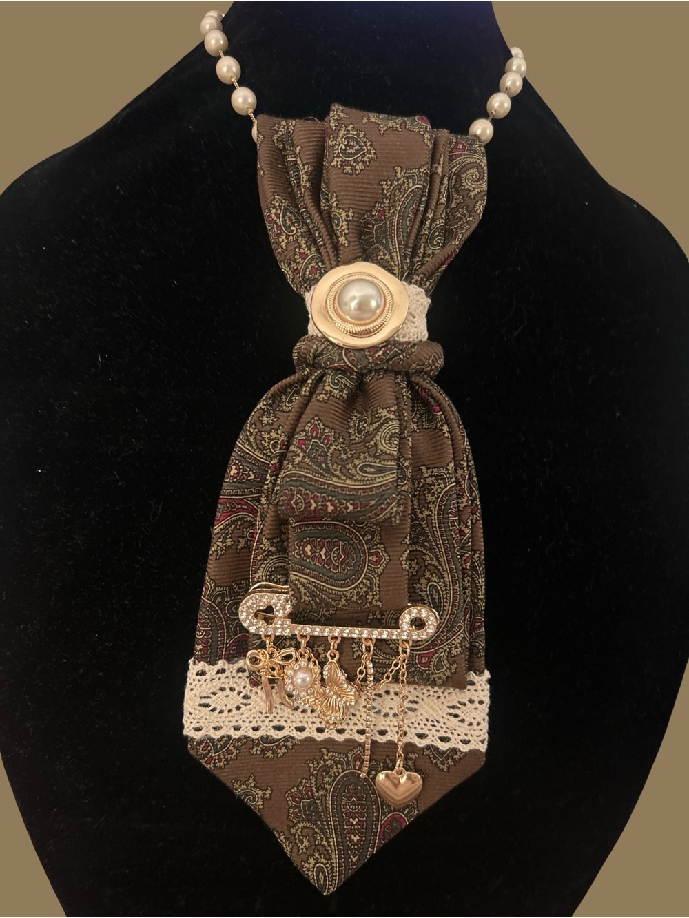 Brown Paisley Pearl Charm Neck Scarf Necklace
